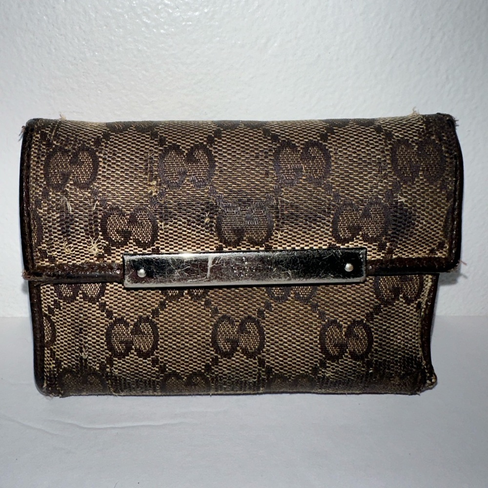 Gucci Supreme Canvas Mini Flap French Compact Wallet brown/tan w/ brown leather